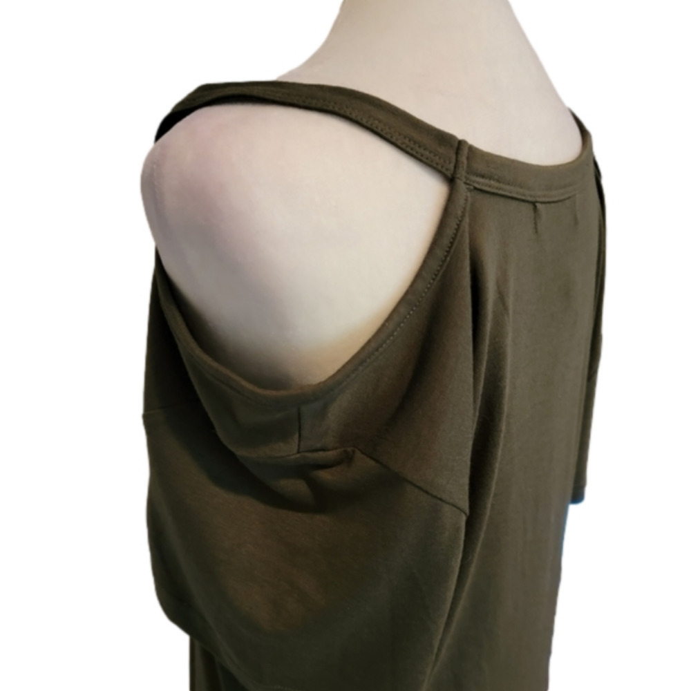 Berryou Cold Shoulder Army Green T-shirt Midi Dress with Ruched Hem Size L - Picture 6 of 12
